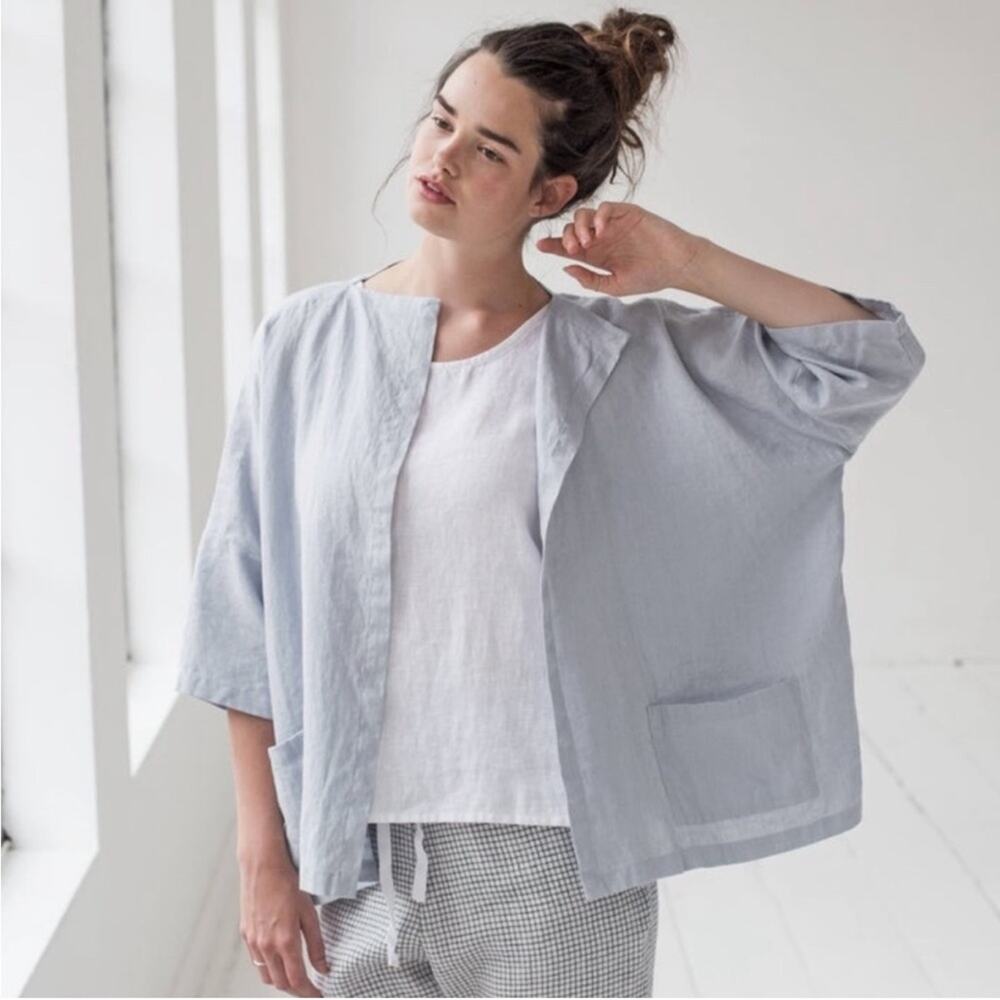Not Perfect Linen Sintra 100% Linen Kimono Cardigan Jacket Grey Blue One Size